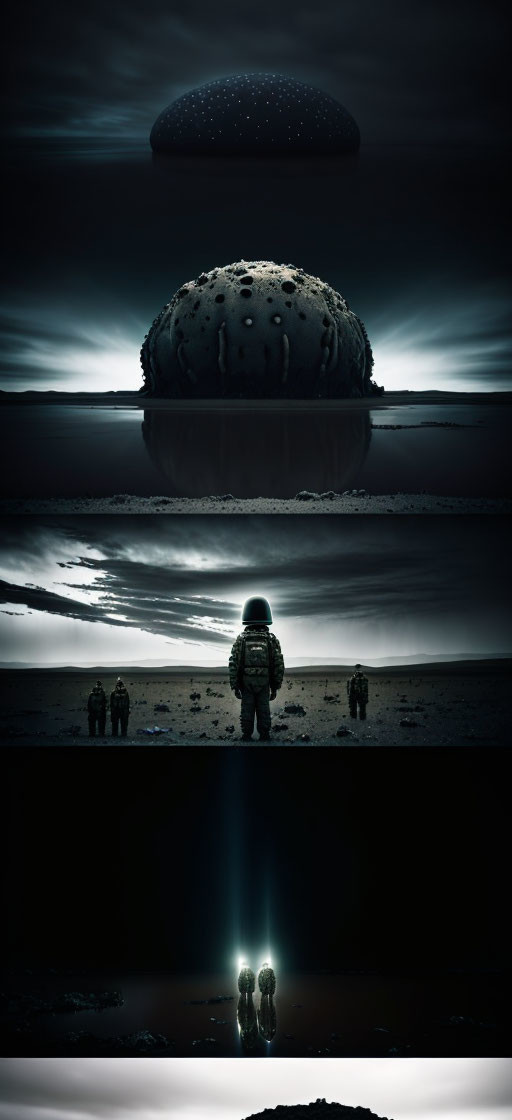 Surreal composite image of UFO over alien landscape with hazmat-suited figures.