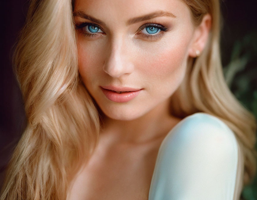 Blonde woman portrait with blue eyes and white top