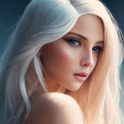 Platinum Blonde Woman with Soft Expression and Blue Background