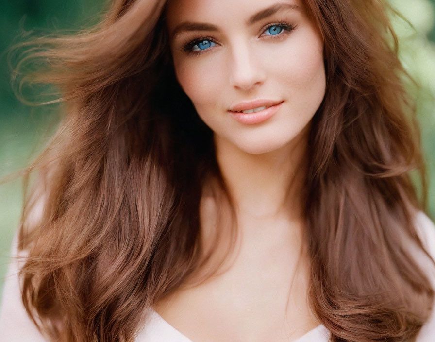 Woman with Long Brown Hair and Striking Blue Eyes Smiling on Blurred Green Background