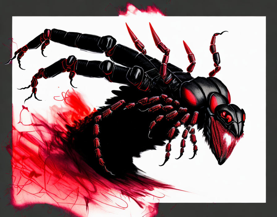 Robotic scorpion digital art: red and black colors, red smoke, white background