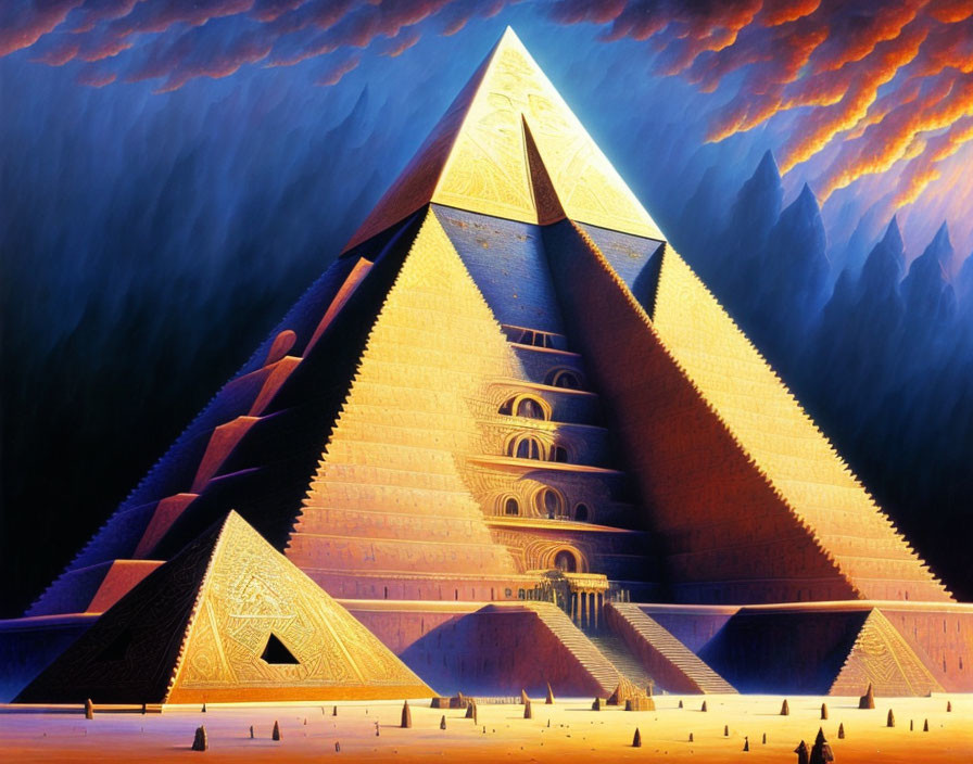 Fantastical image of illuminated pyramids against red clouds