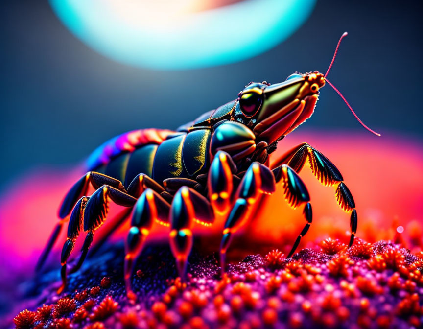 Colorful Stylized Beetle Image with Glowing Orbs and Textured Background