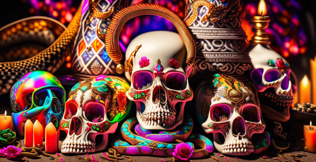 Vibrant Decorated Skulls and Candles for Day of the Dead