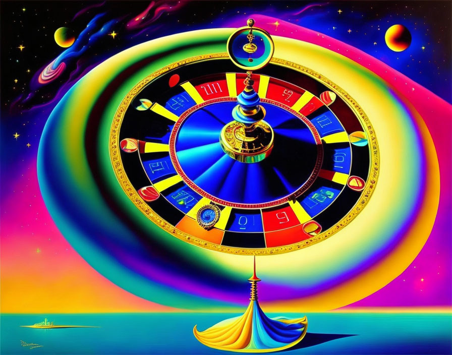 Colorful cosmic artwork: spinning wheel, zodiac signs, planets, totem on surreal landscape