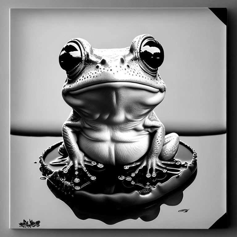 Monochrome reflective frog illustration on wet surface