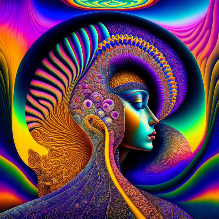 Colorful psychedelic profile surrounded by intricate patterns.