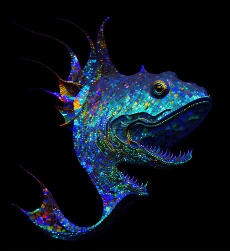 Colorful Mosaic Fish with Intricate Patterns on Black Background