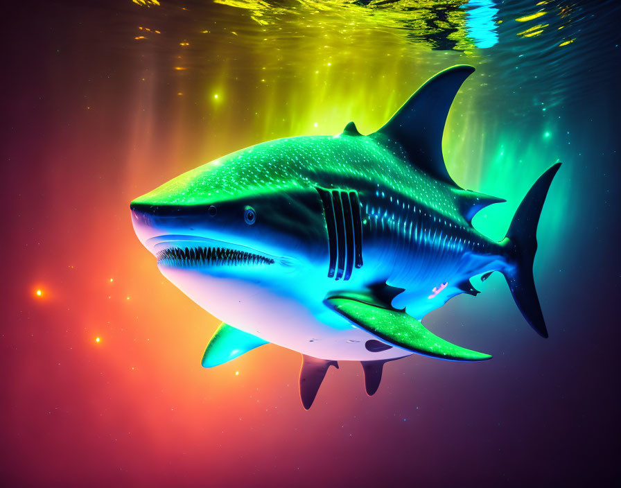 Colorful Neon Shark Swimming in Vibrant Digital Illustration