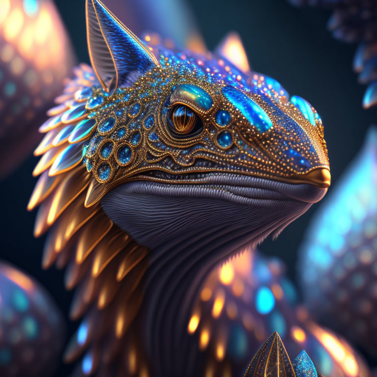 Fantastical iridescent reptilian creature with intricate patterns and glowing spots