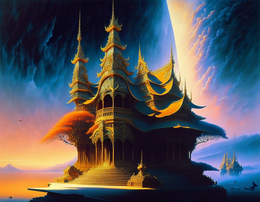 Fantasy temple with multiple roofs under meteor streak in otherworldly landscape