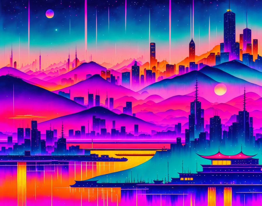 Futuristic cityscape digital artwork with neon colors and multiple moons