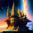 Fantasy temple with multiple roofs under meteor streak in otherworldly landscape