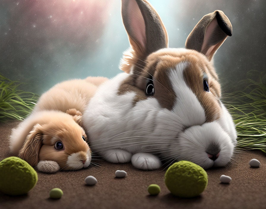 Two cuddling bunnies in whimsical space setting