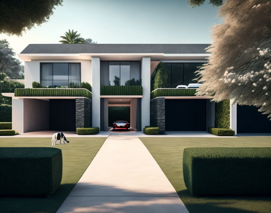 Sleek Two-Story House with Large Windows, Manicured Hedges, Red Sports Car