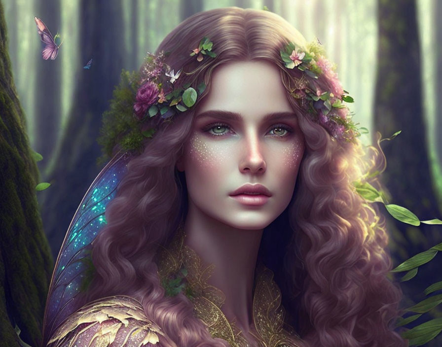 Curly-haired woman in floral wreath and gold attire in mystical forest setting.