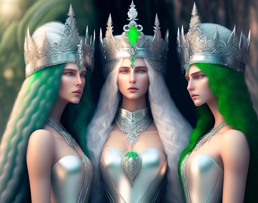 Three fantasy queens with ornate silver crowns and green hair featuring emerald pendant