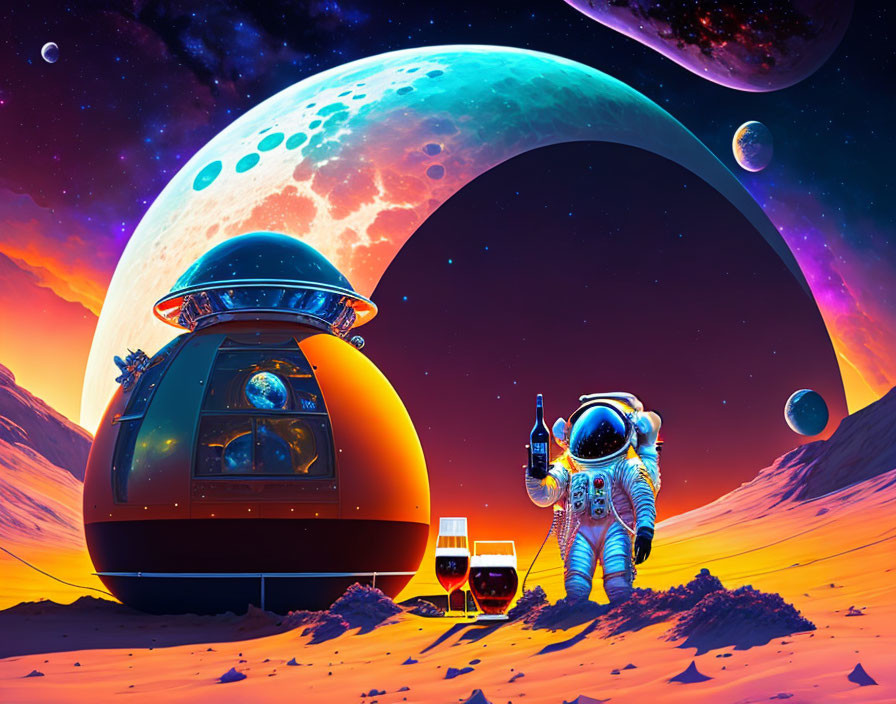 Astronaut on alien planet with spaceship, robot, and colorful skies