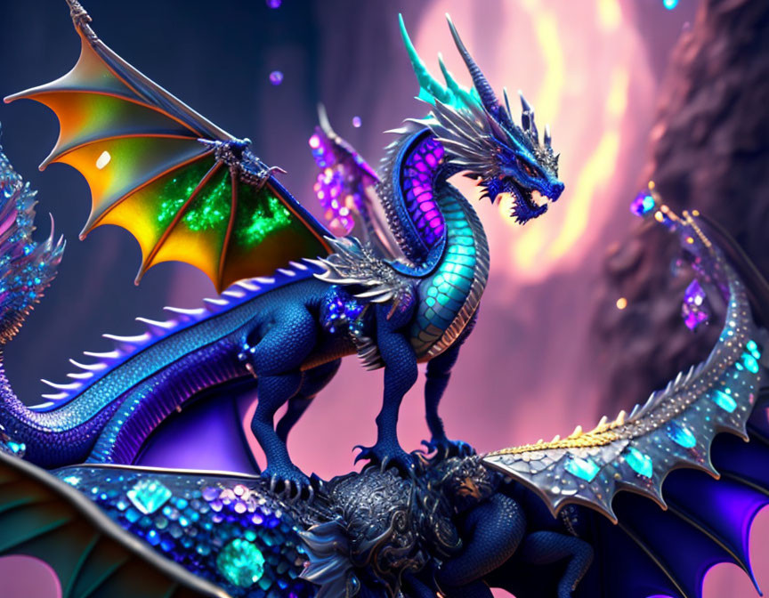 Colorful Digital Art: Blue Dragon with Ornate Wings on Rocky Sphere