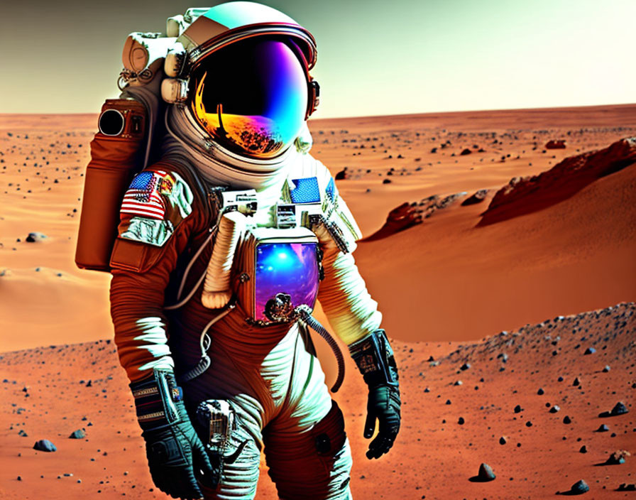 Astronaut in white spacesuit on rocky Martian surface