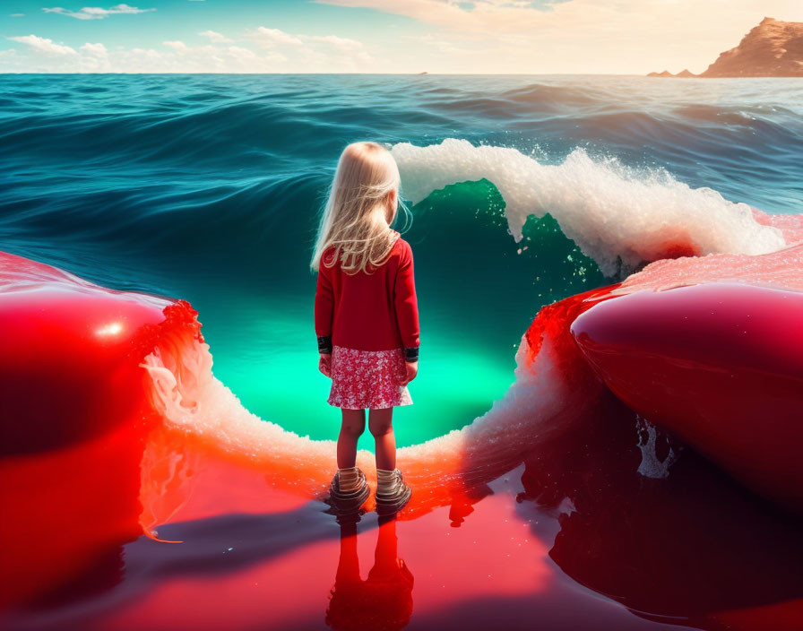 Young girl in red coat gazes at surreal red-tipped waves on beach rocks