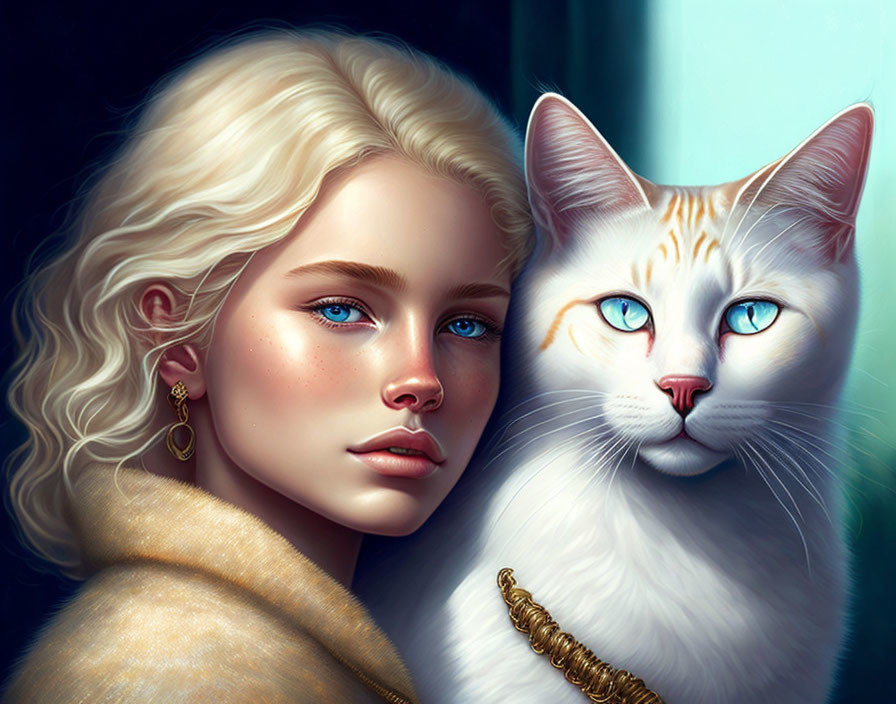 Blonde Curly-Haired Woman with Blue-Eyed Cat in Digital Art