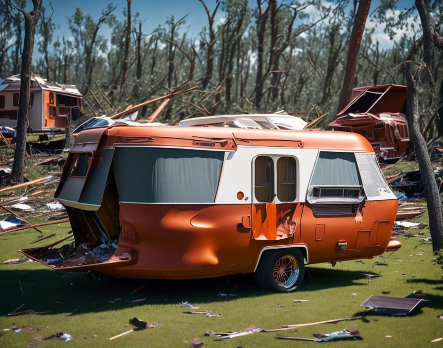 Overturned orange caravan in storm-ravaged area