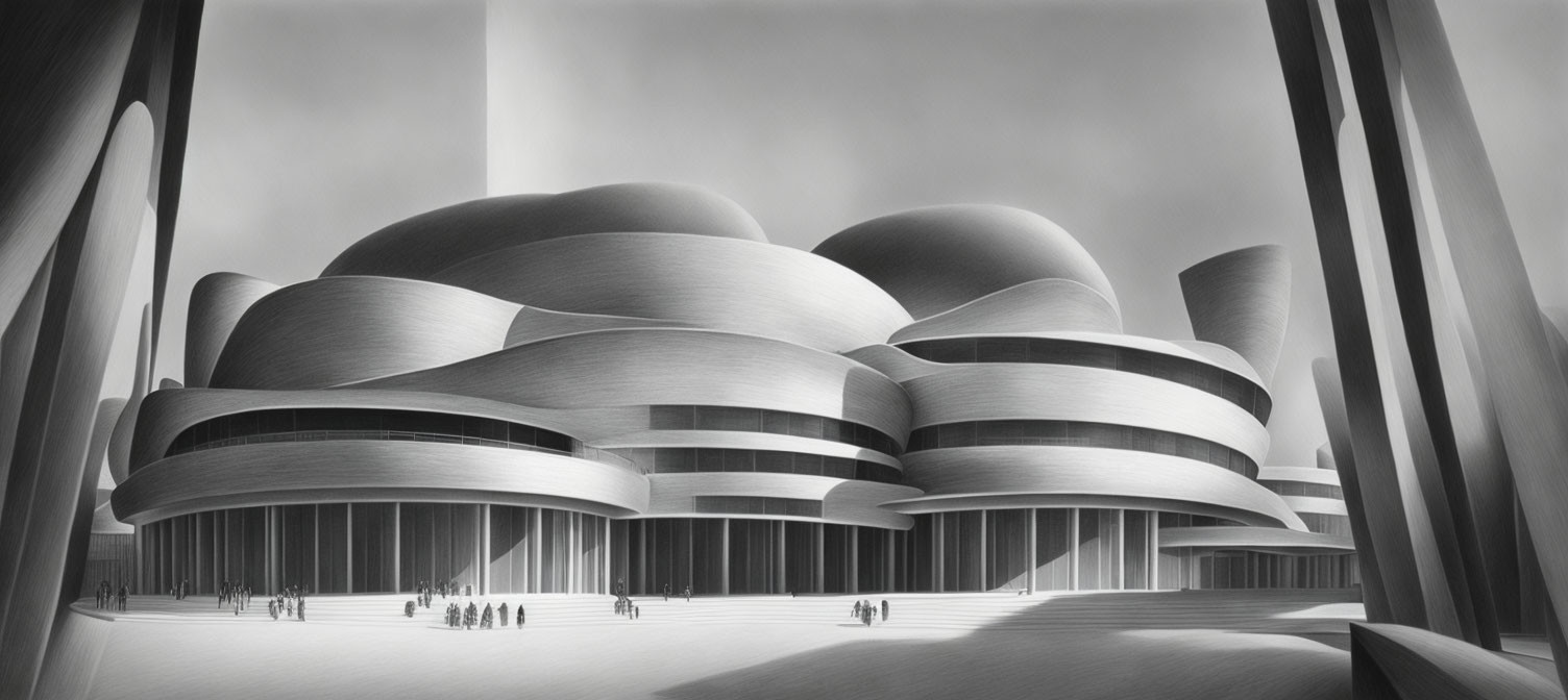 Monochromatic futuristic building with spherical sections and open plaza.