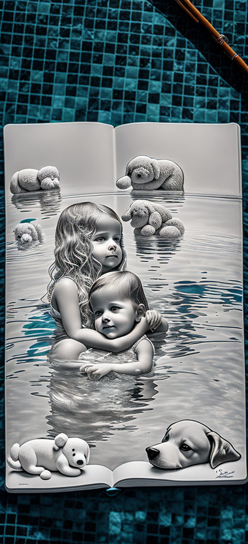 Open book with children and teddy bears on water with pencil.