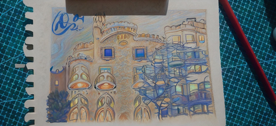 Whimsical building drawing with round windows on torn paper