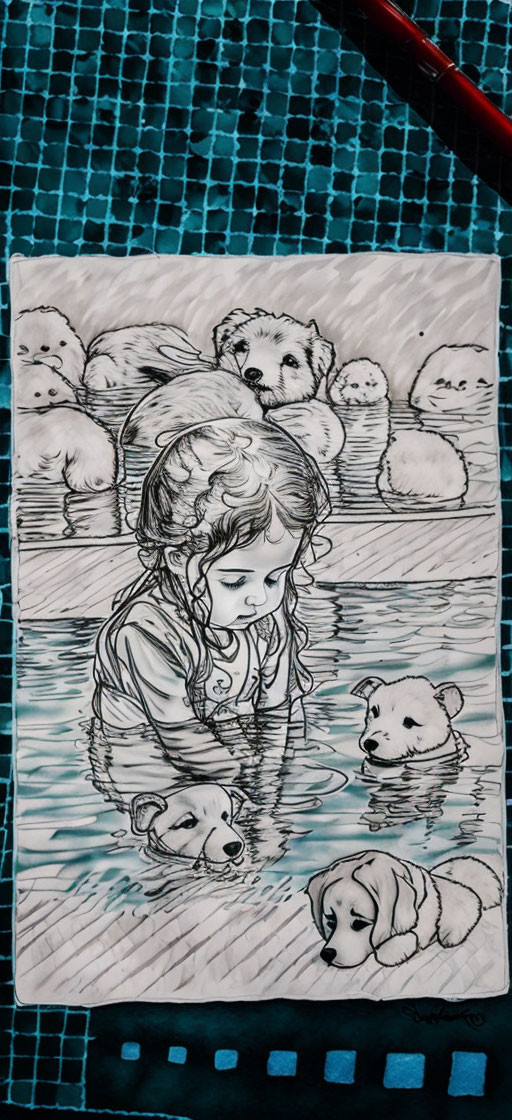 Detailed sketch of girl with puppies in water on textured paper with red pen.