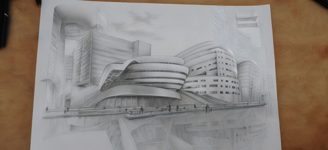 Futuristic cityscape pencil sketch with curved buildings and elevated walkway