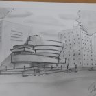 Monochromatic futuristic building with spherical sections and open plaza.