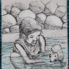 Open book with children and teddy bears on water with pencil.