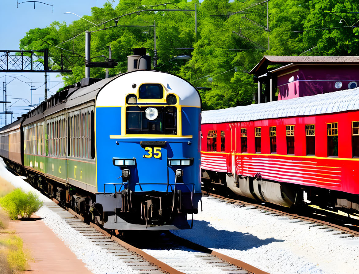 Vintage blue and yellow train with number 35 approaching station beside red carriage