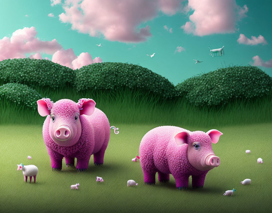 Stylized pink pigs and miniatures in whimsical meadow with hedges and birds