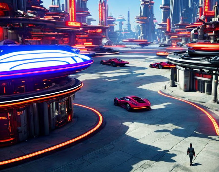 Futuristic cityscape with sleek buildings and flying vehicles