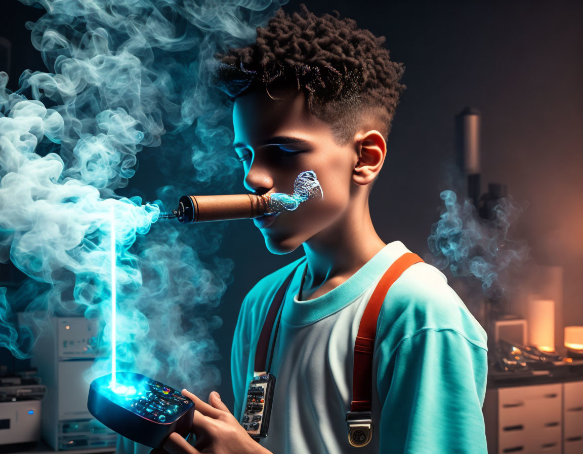 High-Top Fade Hairstyle Exhaling Smoke in Tech Setting