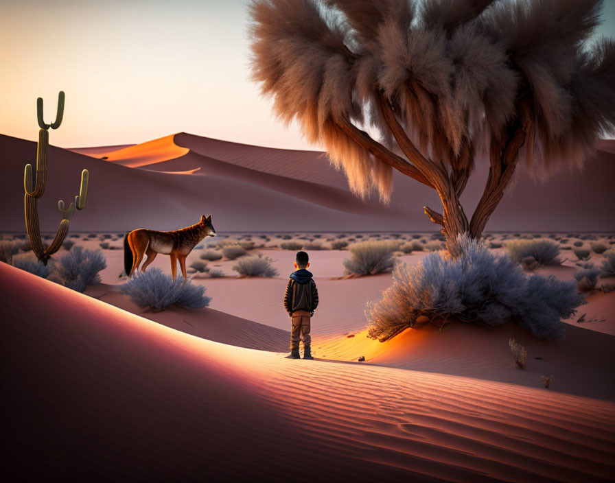 Child and fox in desert with dunes, bushes, and cacti at sunset