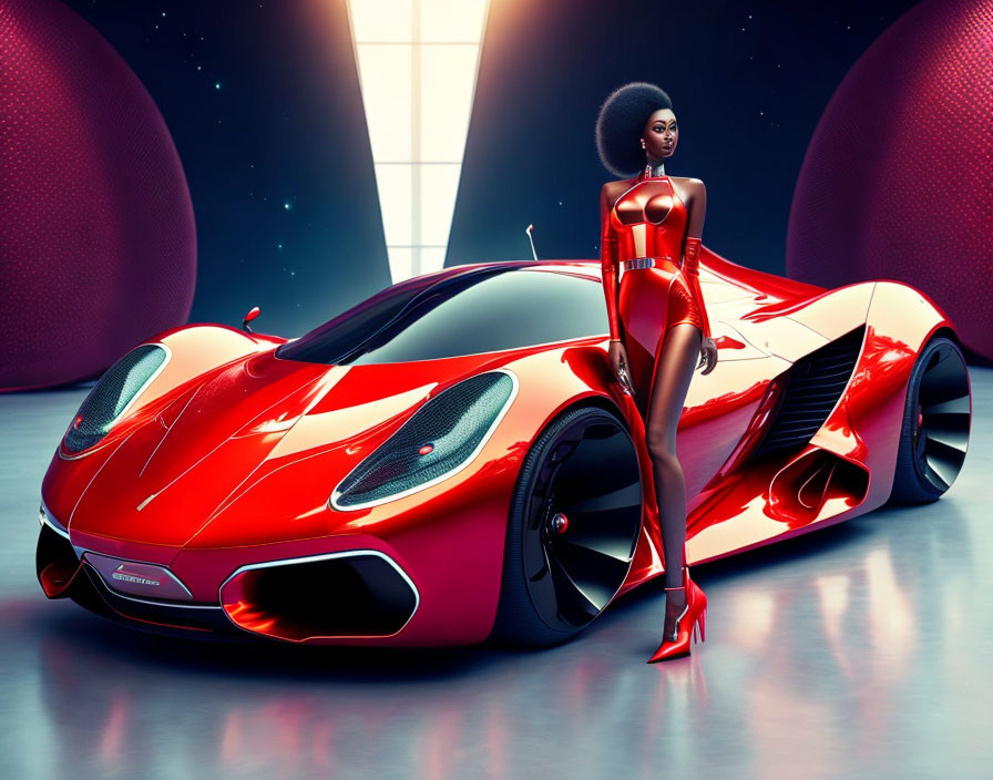 Futuristic red car with elegant woman in matching outfit posing against stylized backdrop