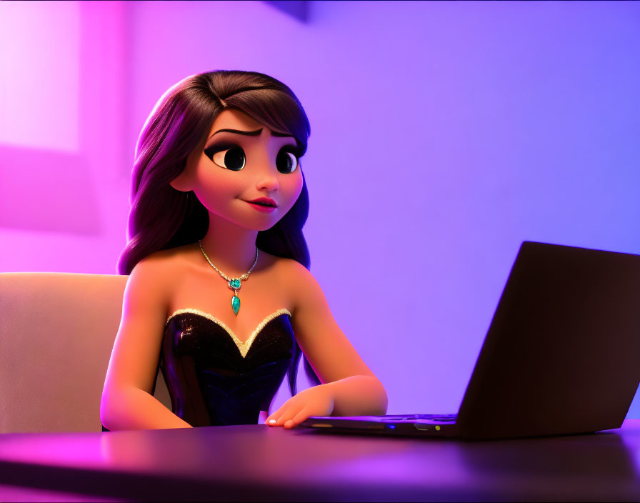 Female animated character with necklace at desk under purple and pink lighting