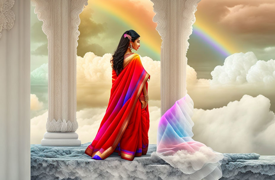 Woman in Vibrant Red Saree on Cloud Staircase with Double Rainbow