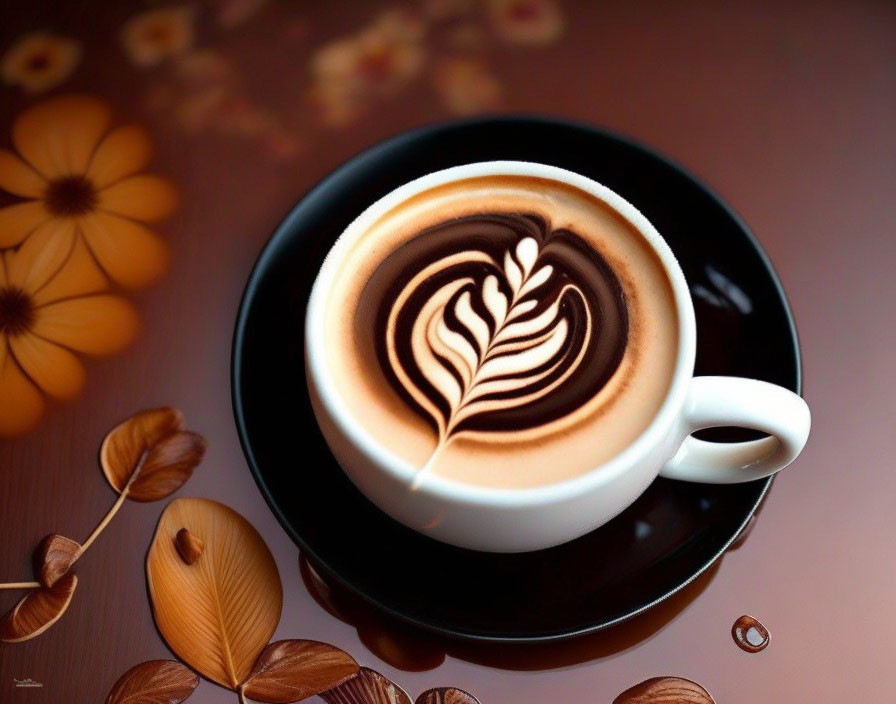 Coffee Cup with Artistic Milk Foam Design and Autumn Decorations