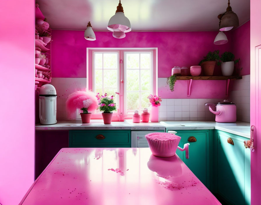 Colorful Kitchen with Pink Walls, Teal Cabinets, White Countertops, Pink Accessories, and