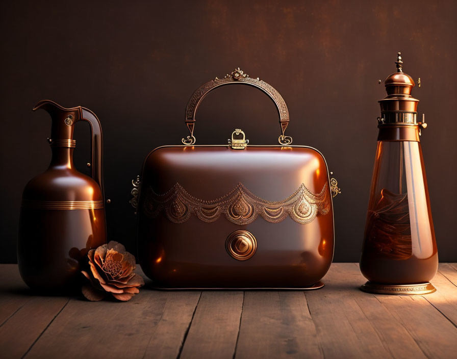 Vintage-inspired Copper Jug, Handbag, and Carafe Collection with Intricate Designs