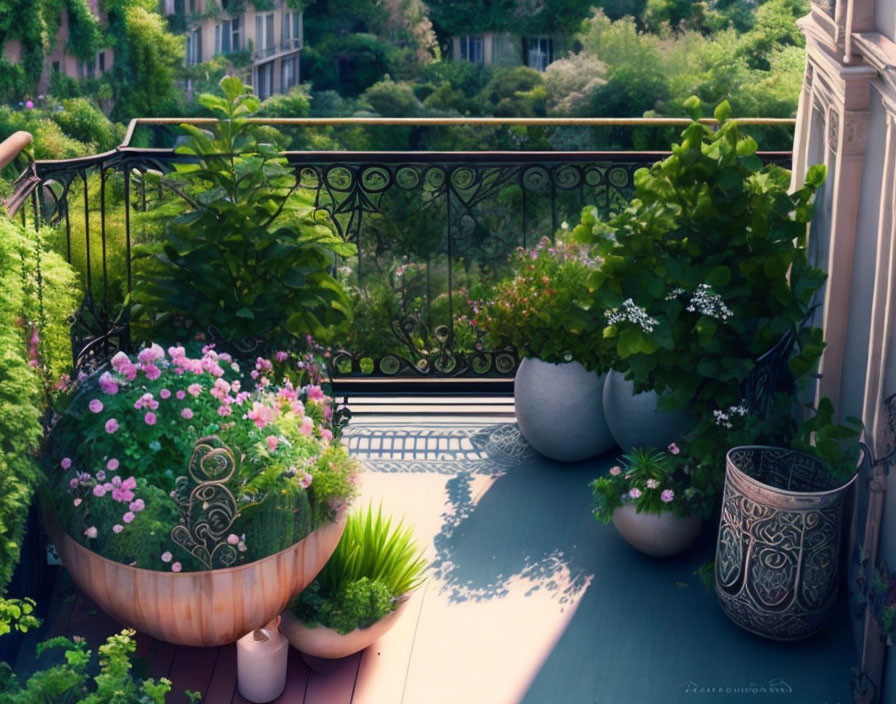 Balcony with potted plants and flowers overlooking lush greenery