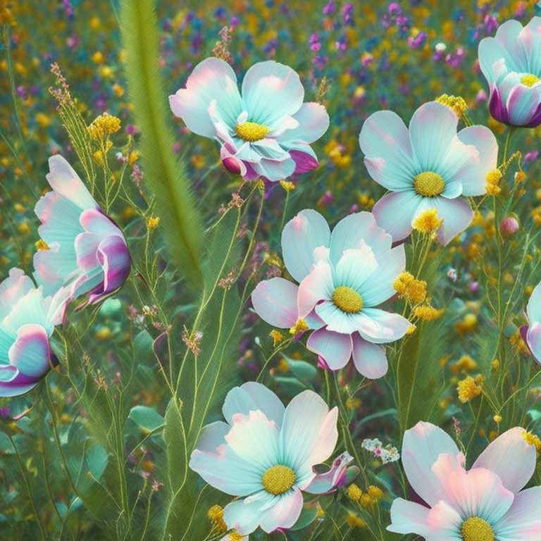 Colorful Field of Turquoise and Pink Cosmos Flowers in Nature