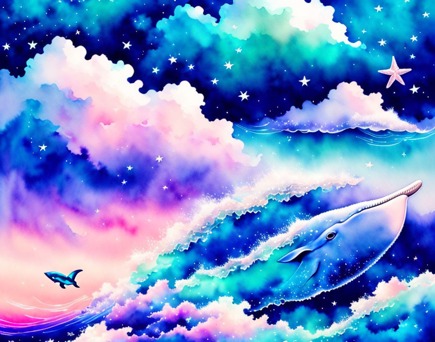 Colorful digital artwork: Stylized whale leaping in starry sky with fish and stars