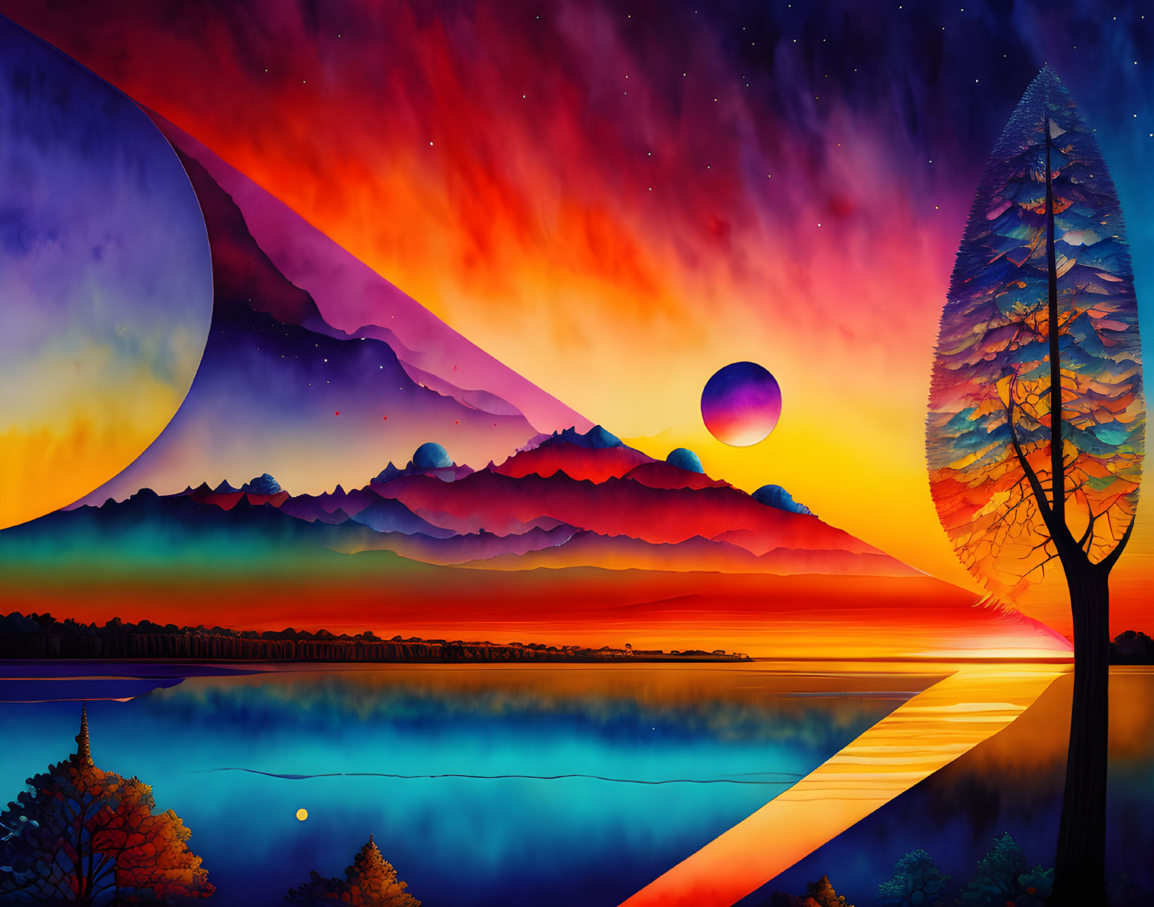 Colorful Sunset Landscape with Mountains, Tree, and Celestial Bodies