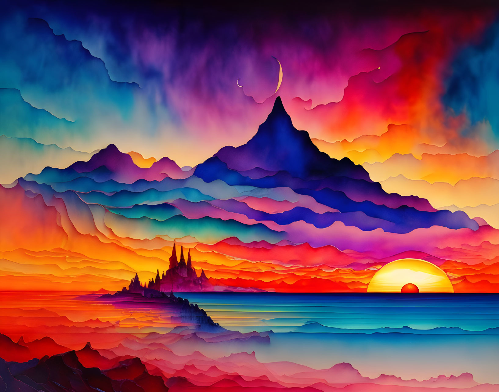 Colorful Stylized Mountain Sunset Artwork